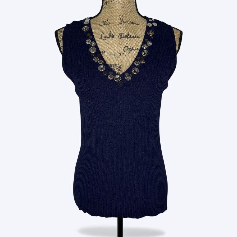 Linda Matthews Ribbed Tank Top Sz M Blue Faux Coin Trim Y2K Layering Office Boho